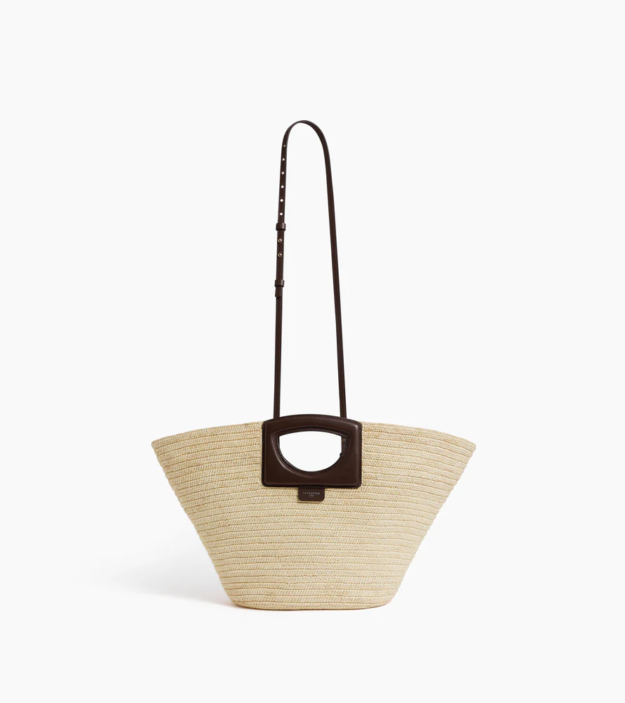 Grand sac cabas en raphia naturel et cuir lisse végétal - Image 6